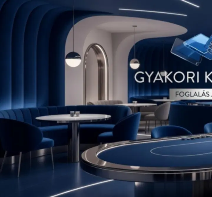 Kék és ezüst részletekkel megvilágított, elegáns vacsoraasztalok a Veentorica étteremben