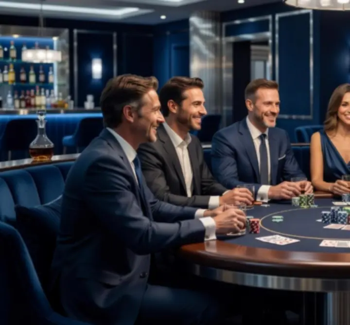 Baráti társaság egy elegáns offline pókerestén, italokkal és jó hangulattal.