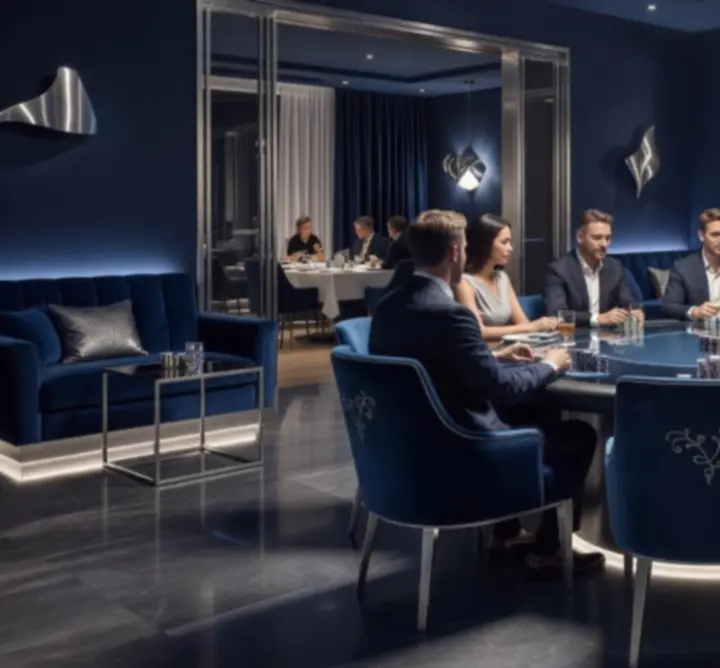 Elegáns, kék-ezüst hangulatú offline póker-lounge bársonyos ülőhelyekkel.