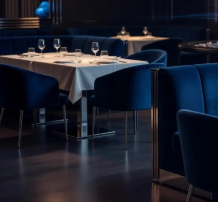 Veentorica éttermi belső tér tágas lounge résszel és modern világítással.