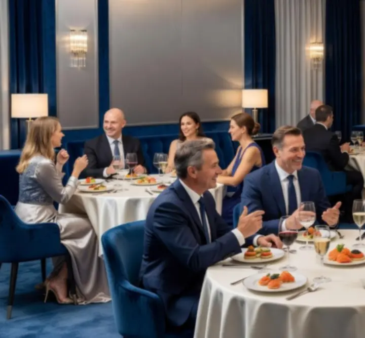Elegáns társasági lounge tér kék és ezüst fényekkel a Veentorica vendégei számára